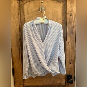 Ann Taylor Blue and White Wrap Blouse with Mandarin Collar